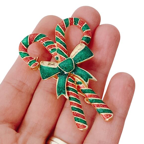 VTG Signed AAI Candy Cane Christmas Holiday Brooch Gold Tone Enamel Sparkling - Picture 2 of 11